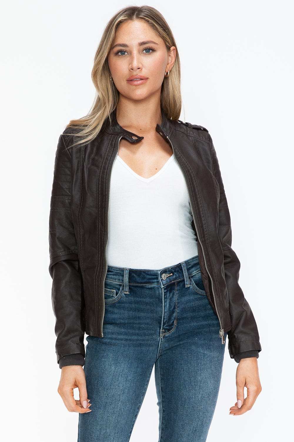 Snobbish PU Leather Biker Jacket with Side Zip Pockets - Trendsi - Flyclothing LLC