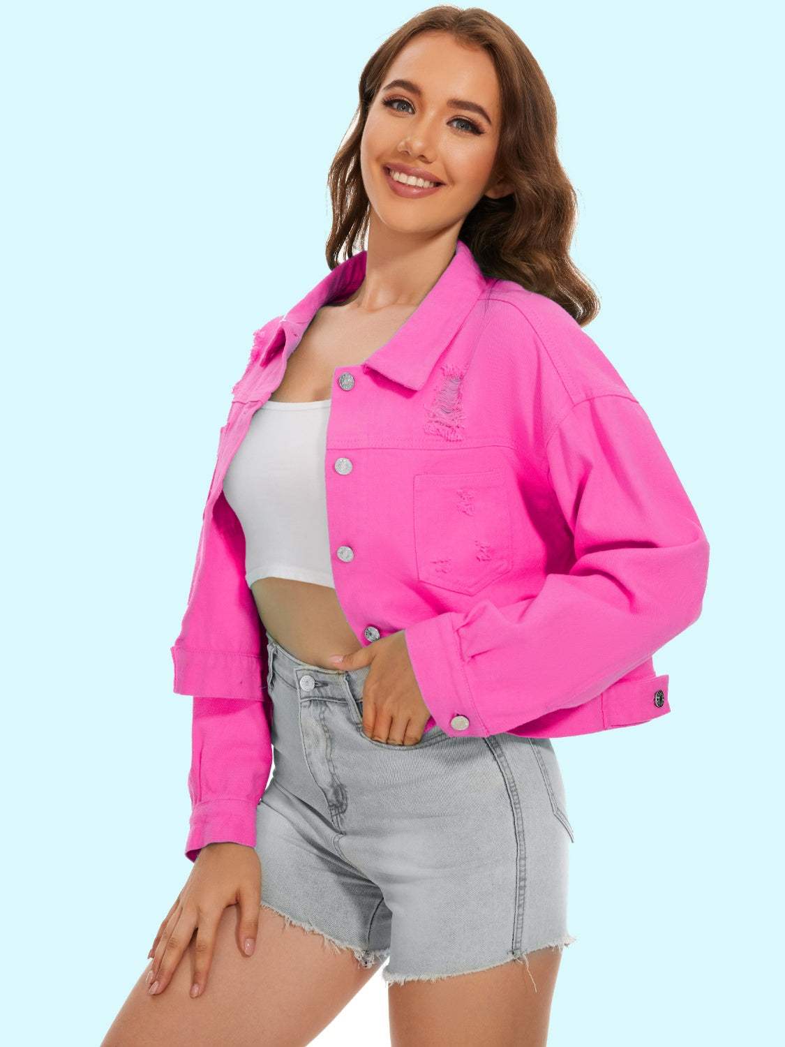 Distressed Distressed Button Up Denim Jacket - Trendsi - Flyclothing LLC