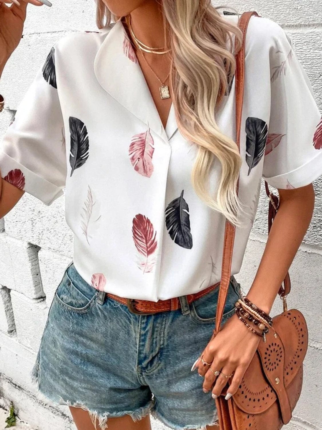 Full Size Printed Collared Neck Short Sleeve Blouse - Trendsi