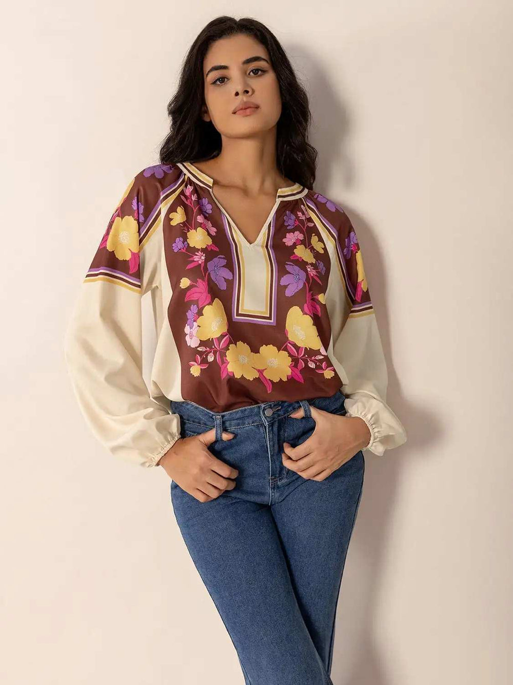 Printed Notched Long Sleeve Blouse - Trendsi - Flyclothing LLC