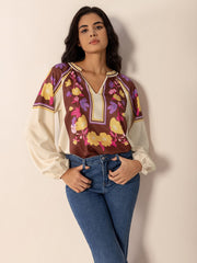 Printed Notched Long Sleeve Blouse - Trendsi