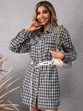 Pocketed Plaid Long Sleeve Mini Dress - Trendsi