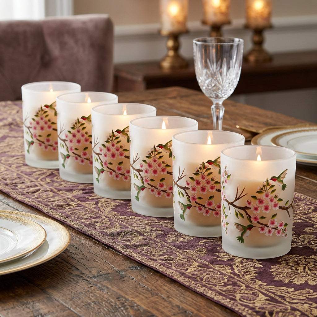 Set of Six White Green And Pink Hummingbird Floral Glass Votive Candle Holders - HomeRoots - Flyclothing LLC