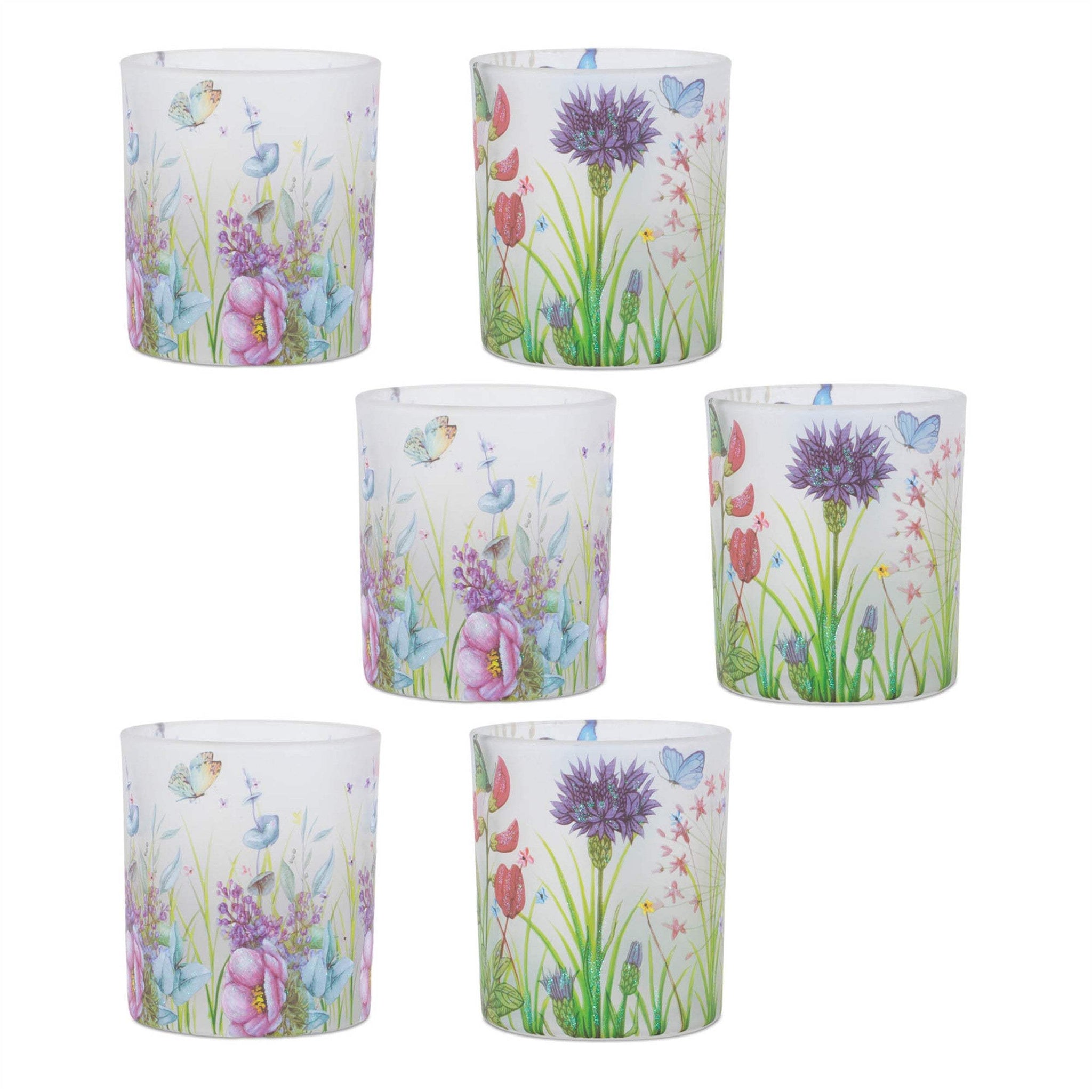 Set of Six Green White Green And Purple Floral Glass Tabletop Votive Candle Holders - HomeRoots - Flyclothing LLC