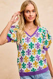 BiBi Mardi Gras Fleur De Lis Patterned V Neck Knit Top - Trendsi - Flyclothing LLC