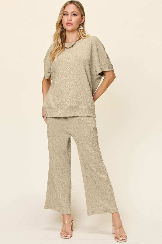 Double Take Full Size Texture Short Sleeve Top and Pants Set - Trendsi - Flyclothing LLC
