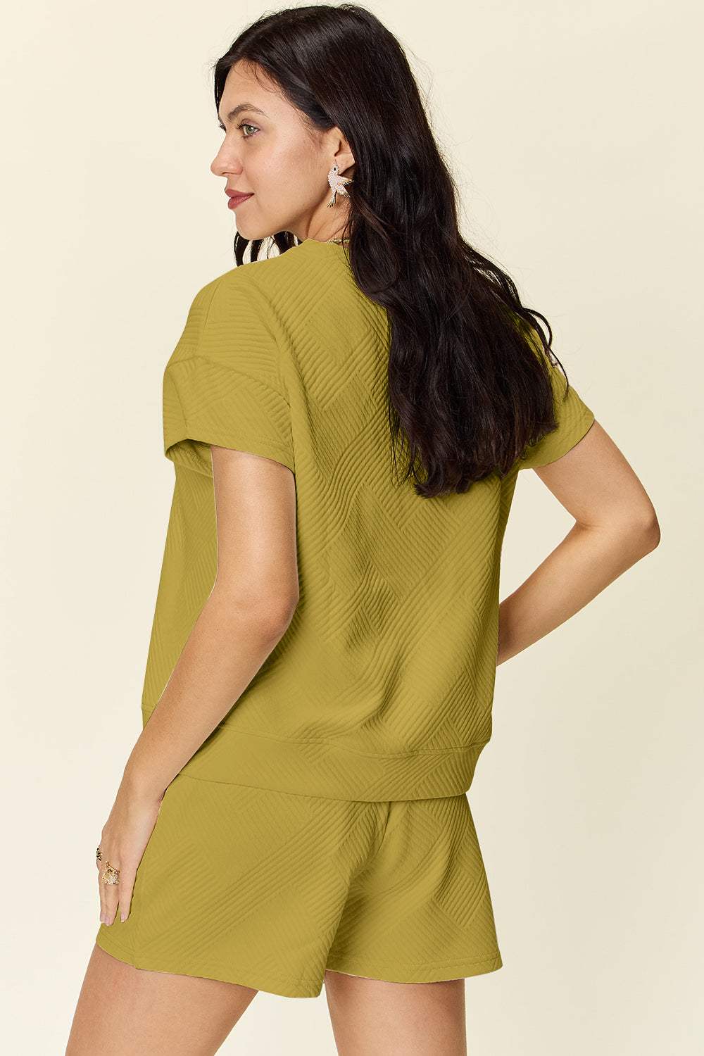Double Take Full Size Texture Short Sleeve T-Shirt and Drawstring Shorts Set - Trendsi - Flyclothing LLC