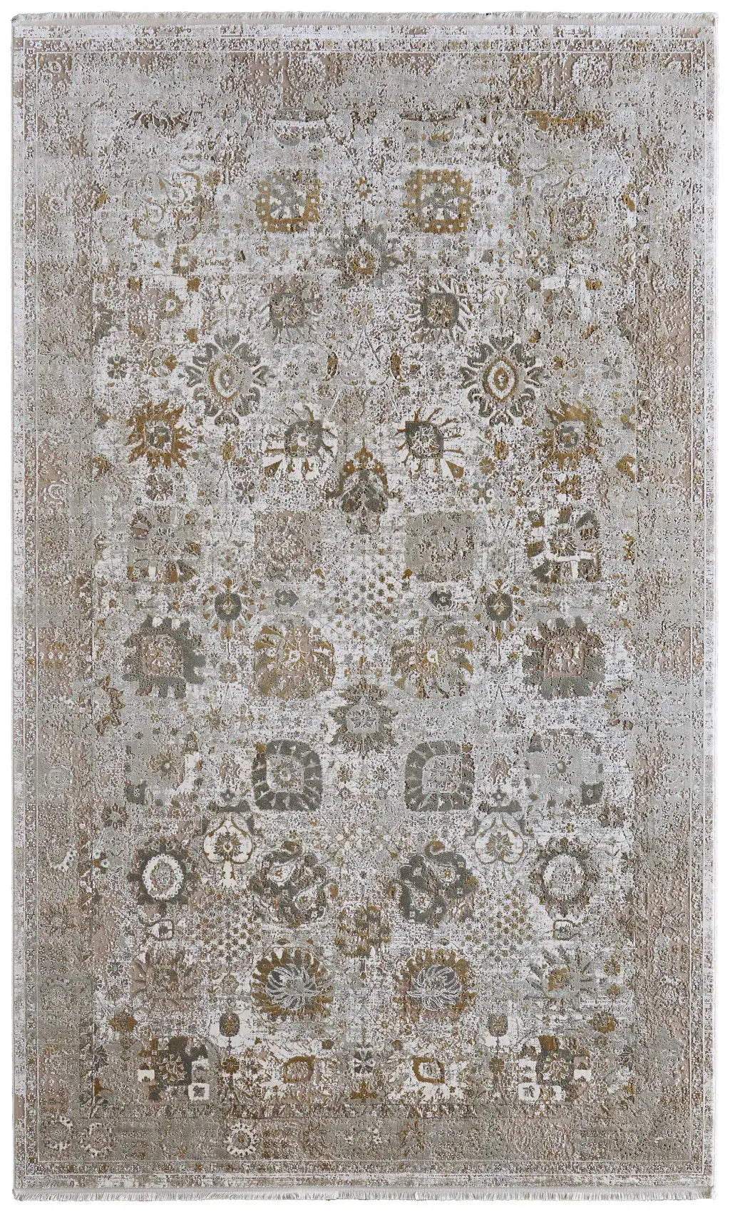 3' X 5' Ivory Gray And Gold Floral Area Rug With Fringe - Homeroots - Flyclothing LLC