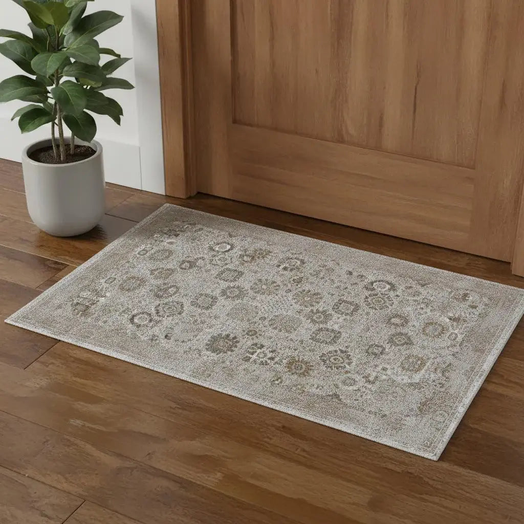 3' X 5' Ivory Gray And Gold Floral Area Rug With Fringe - Homeroots - Flyclothing LLC