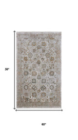 3' X 5' Ivory Gray And Gold Floral Area Rug With Fringe - Homeroots - Flyclothing LLC