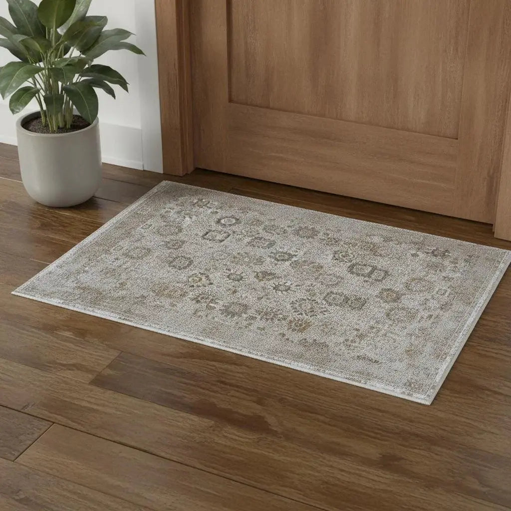 2' X 3' Ivory Gray And Gold Floral Area Rug With Fringe - Homeroots - Flyclothing LLC