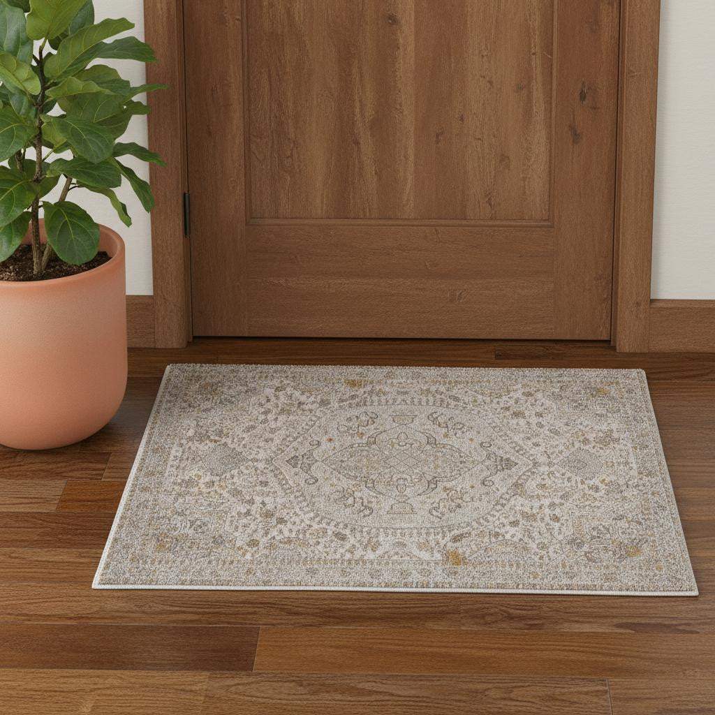 3' X 5' Ivory Gray And Gold Oriental Area Rug With Fringe - Homeroots - Flyclothing LLC