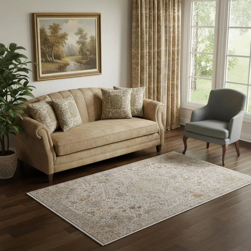 5' X 10' Ivory Gray And Gold Oriental Area Rug With Fringe - Homeroots - Flyclothing LLC