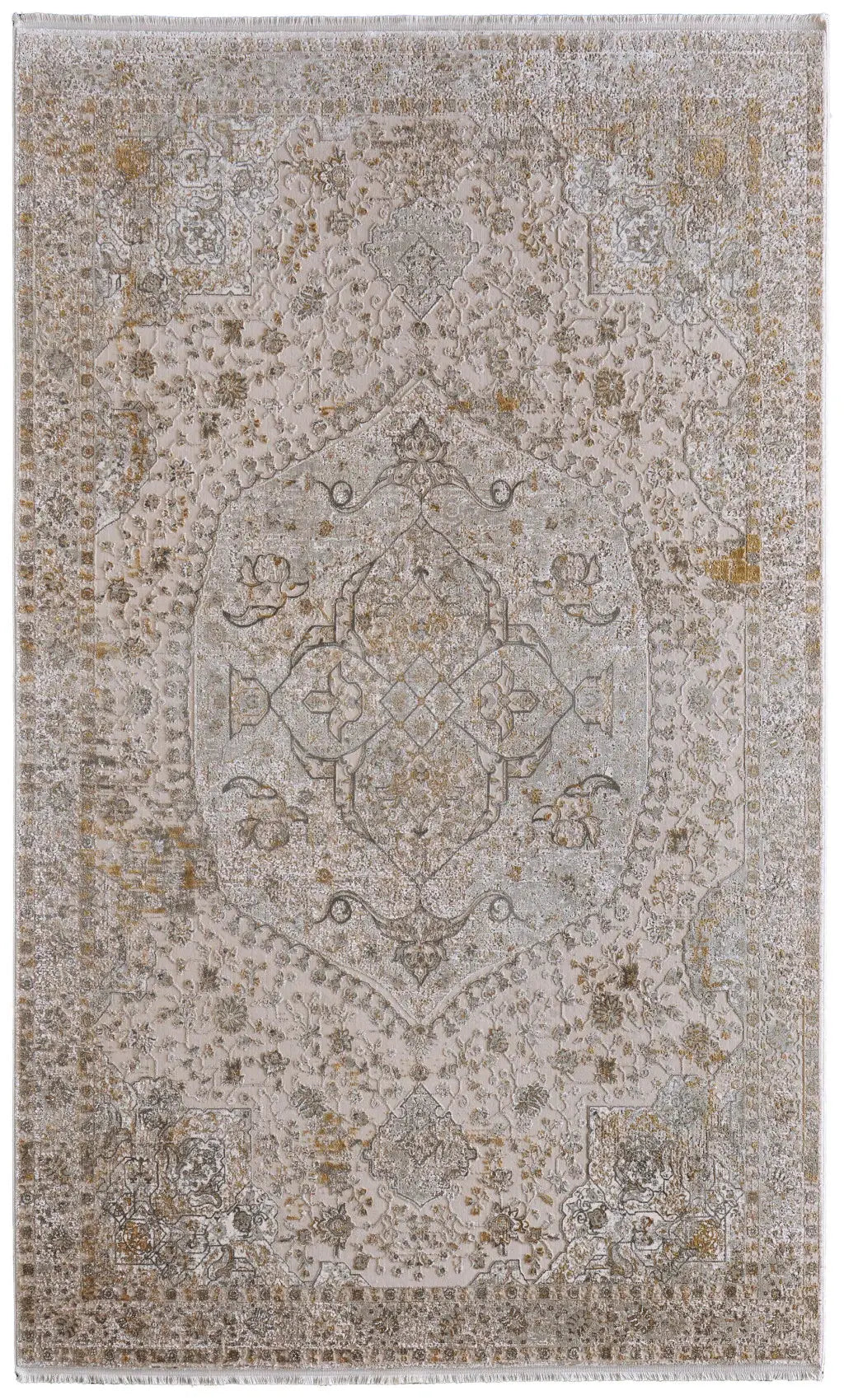 9' X 13' Ivory Gray And Gold Oriental Area Rug With Fringe - Homeroots - Flyclothing LLC