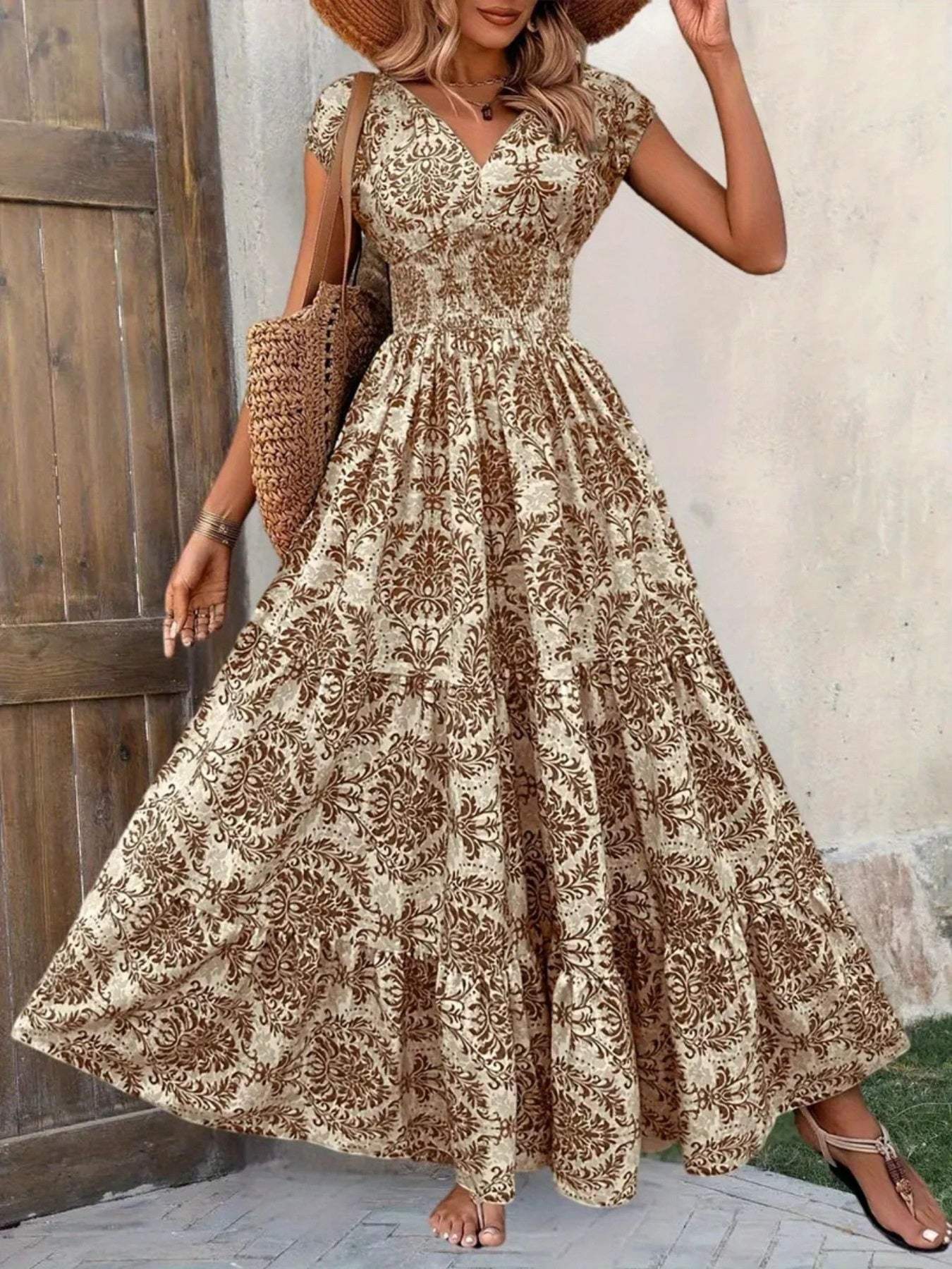 Printed Cap Sleeve Maxi Dress - Trendsi - Flyclothing LLC