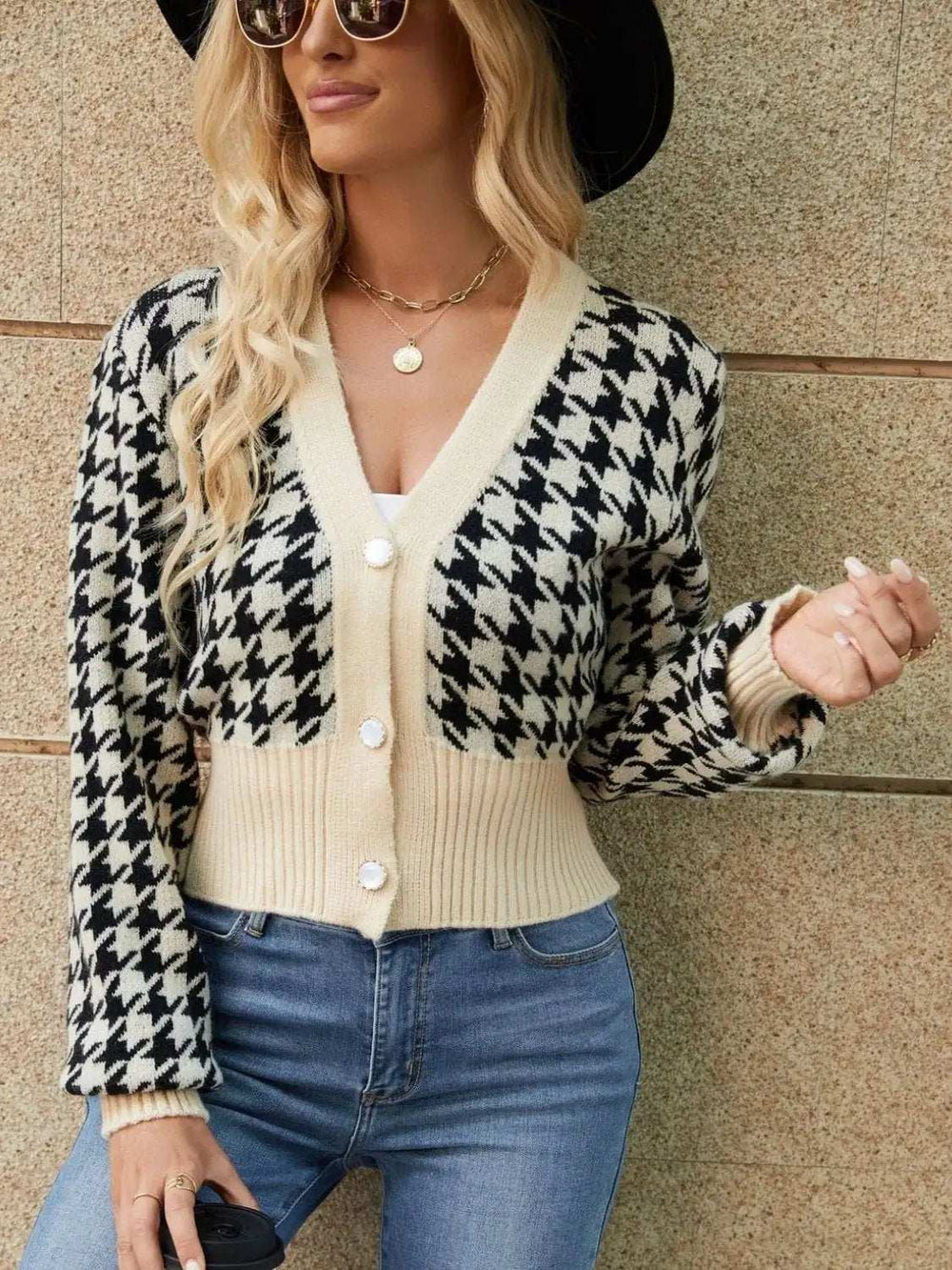 Houndstooth Button Up Long Sleeve Cardigan - Trendsi - Flyclothing LLC