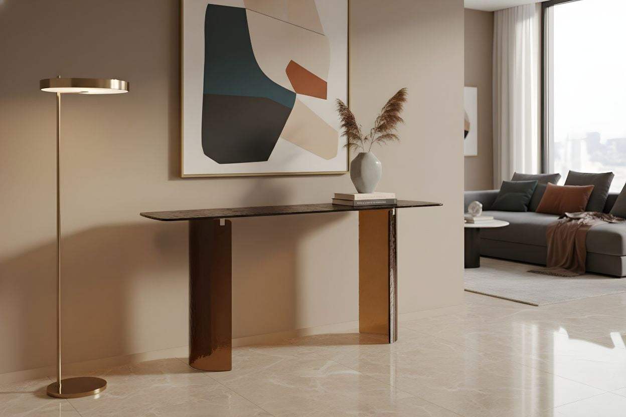 63" Bronze Glass Double Pedestal Console Table - HomeRoots - Flyclothing LLC