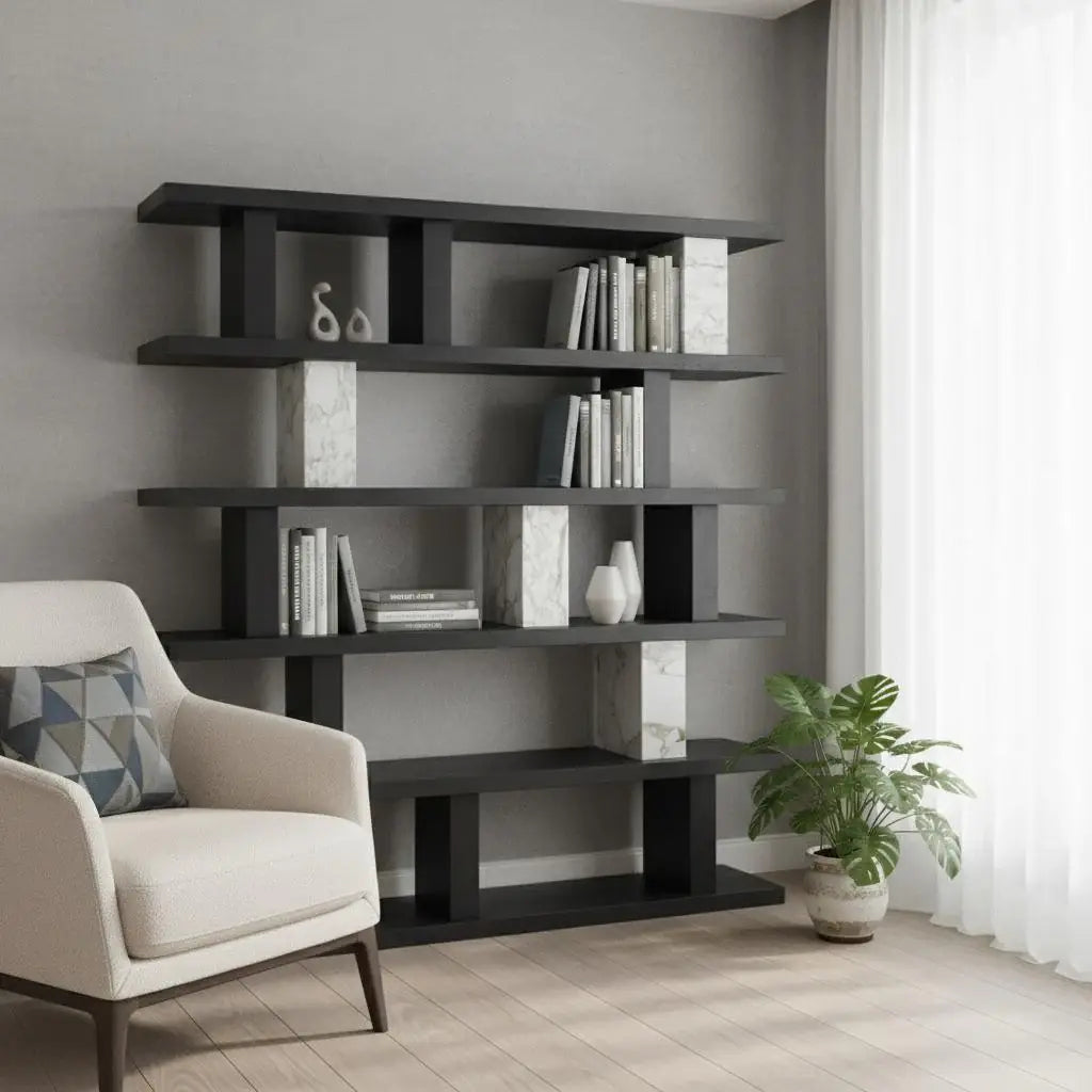 71" Black And White Wood And Faux Marble Five Tier Geometric Bookcase - Homeroots - Flyclothing LLC