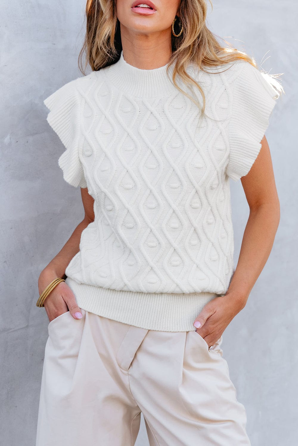 Ruffled Round Neck Cap Sleeve Knit Top - Trendsi