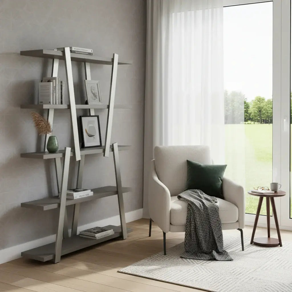 71" Gray And Silver Stainless Steel and Wood Four Tier Geometric Bookcase - Homeroots - Flyclothing LLC