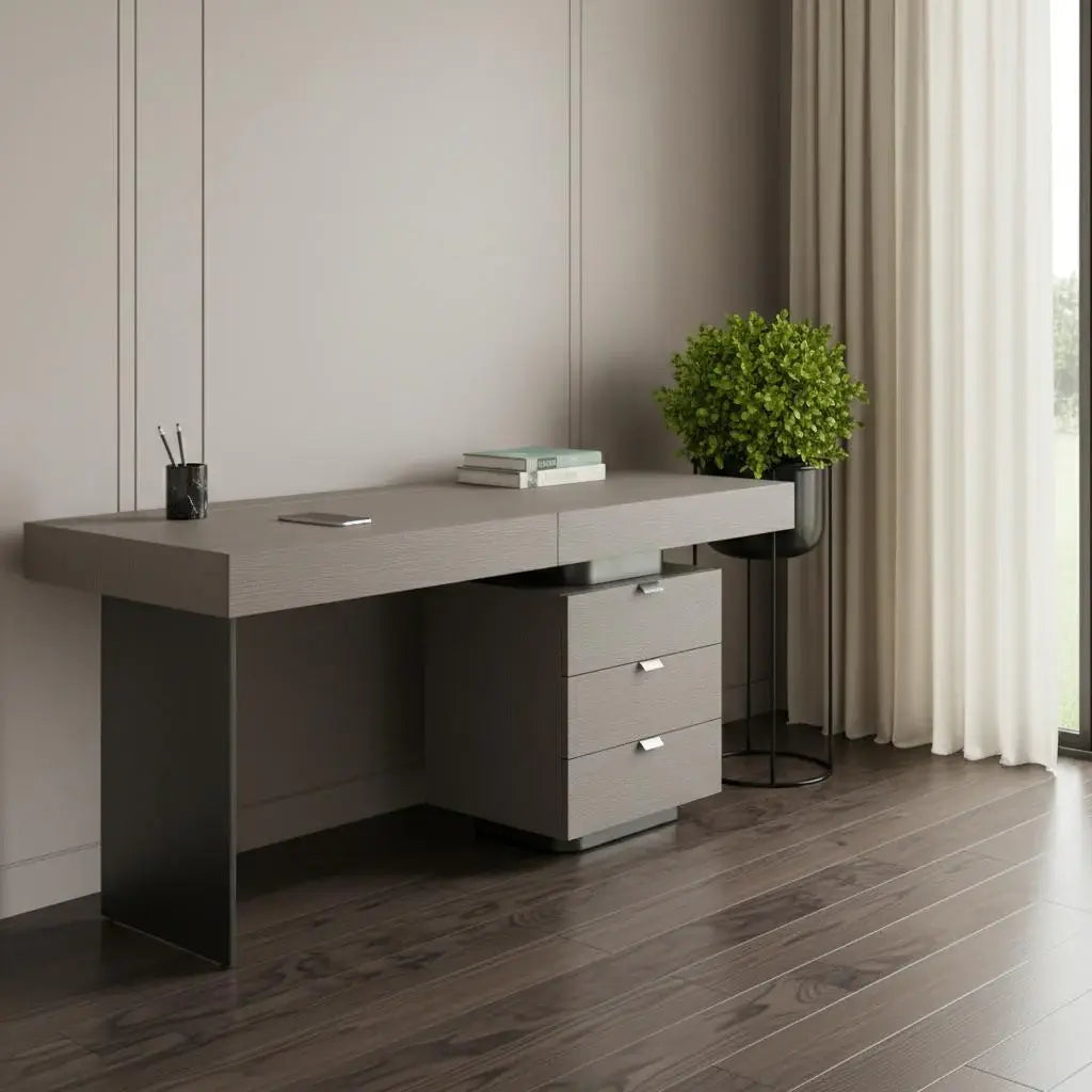 71" Gray Wood and Stainless Steel Computer Desk With Five Drawers - Homeroots - Flyclothing LLC