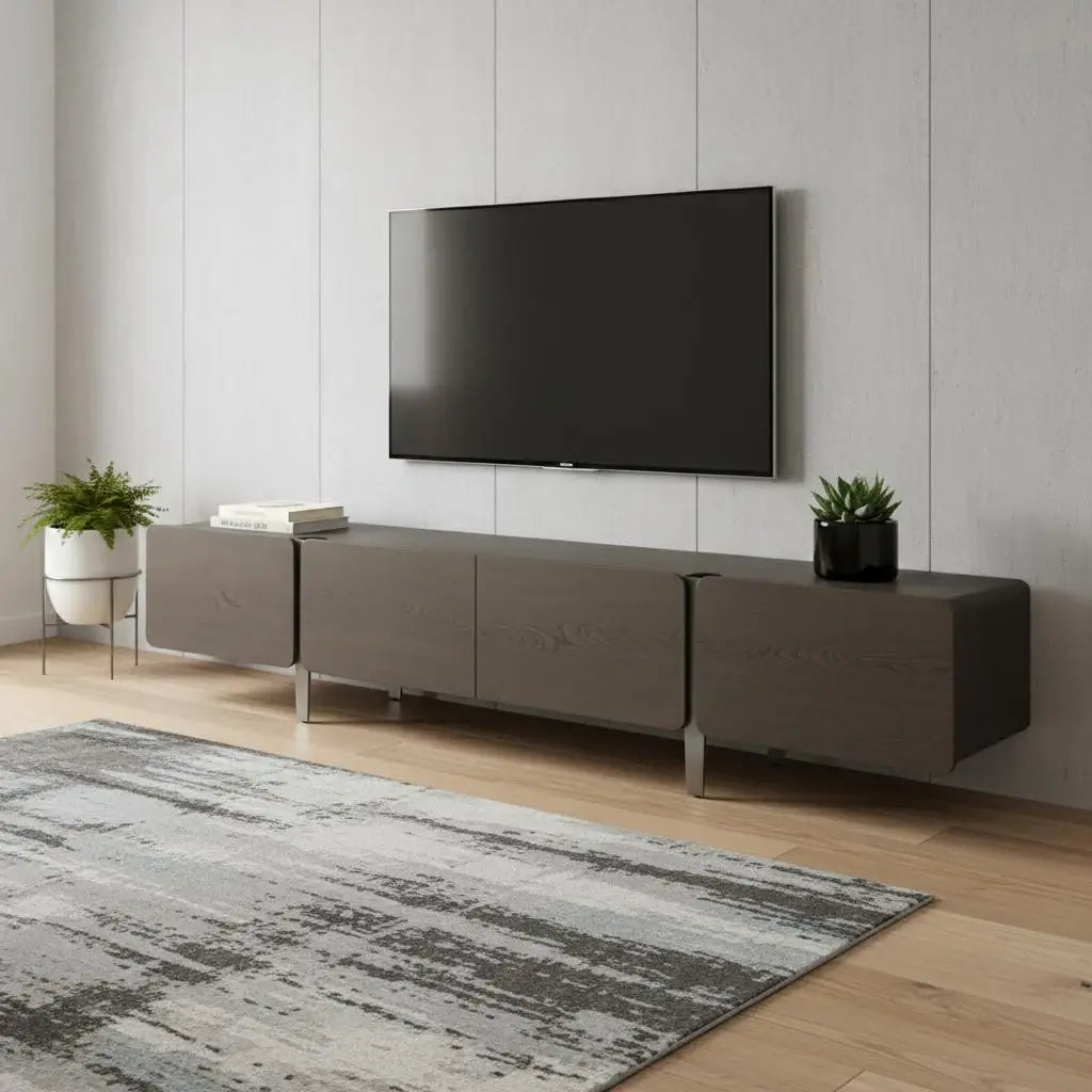 95" Ash Gray And Nickel Wood And Stainless Steel Enclosed Storage TV Stand - Homeroots - Flyclothing LLC