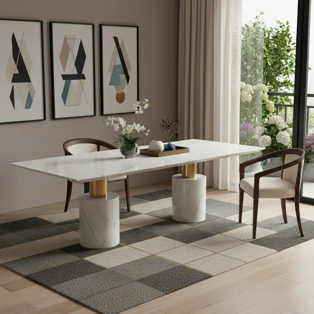 180" White and Gold Marble and Steel Double Pedestal Base Dining Table - Homeroots - Flyclothing LLC