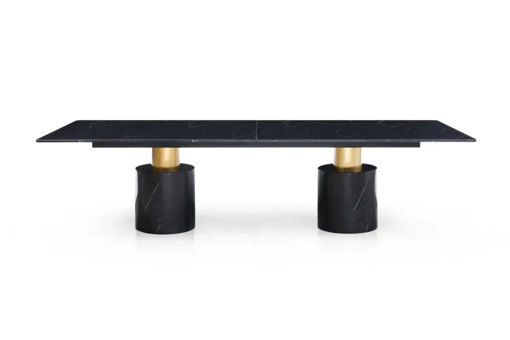 180" Black and Gold Marble and Steel Double Pedestal Base Dining Table - Homeroots - Flyclothing LLC