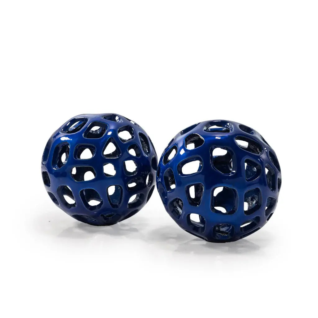 Set of Two Blue Aluminum Hand Painted Decorative Orbs - Homeroots - Flyclothing LLC