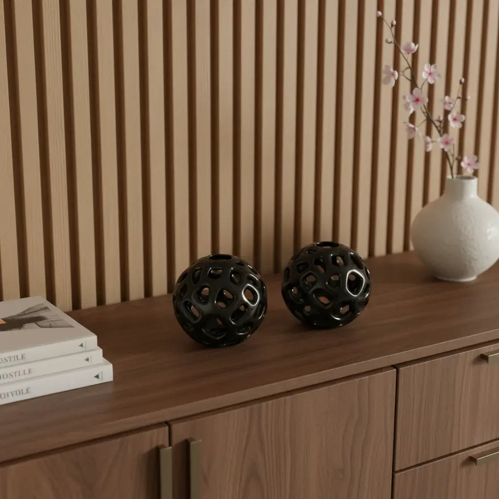 Set of Two Black Aluminum Hand Painted Decorative Orbs - Homeroots - Flyclothing LLC
