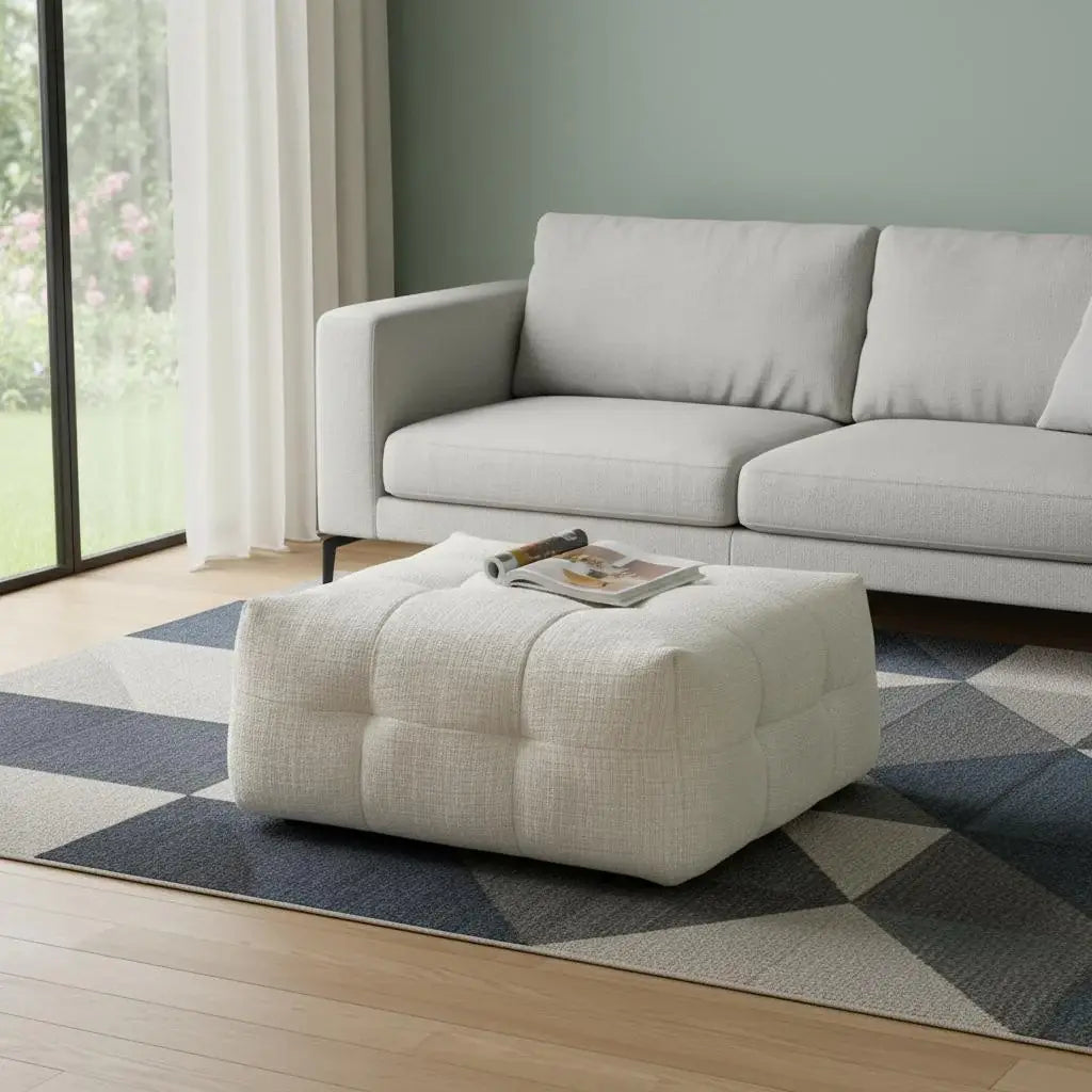 36" Beige and Black Chenille Tufted Pouf Ottoman - Homeroots - Flyclothing LLC