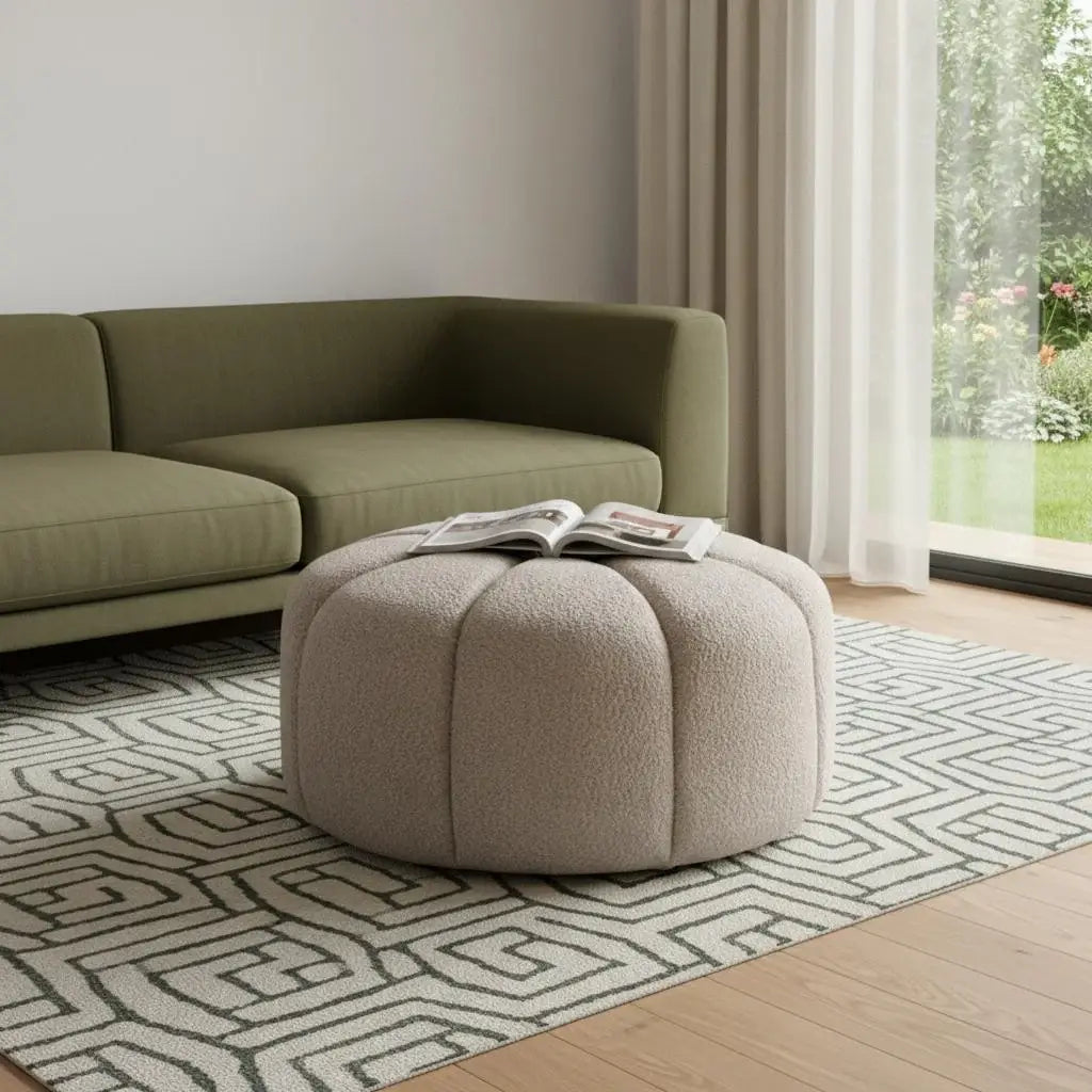 32" Taupe Tufted Boucle Tufted Round Ottoman - Homeroots - Flyclothing LLC