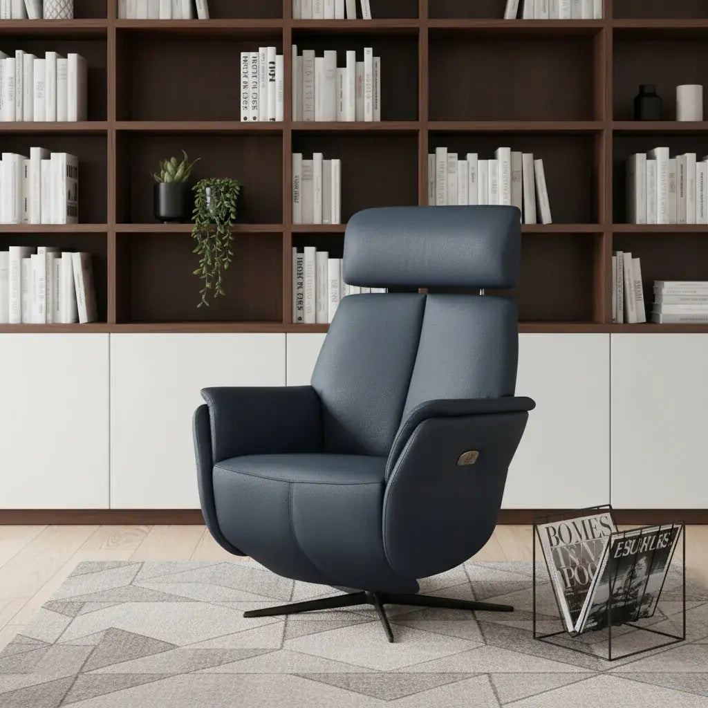 28" Blue Genuine Leather Power Swivel Recliner - Homeroots - Flyclothing LLC