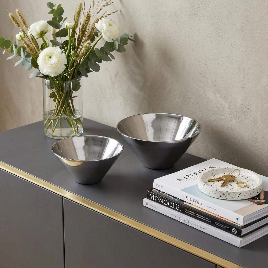 Set of Two Silver Aluminum Round Centerpiece Bowls - HomeRoots - Flyclothing LLC