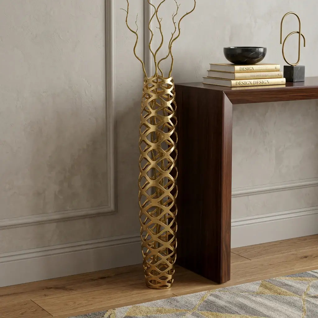 47" Gold Aluminum Pierced Geometric Cylinder Floor Vase - Homeroots - Flyclothing LLC