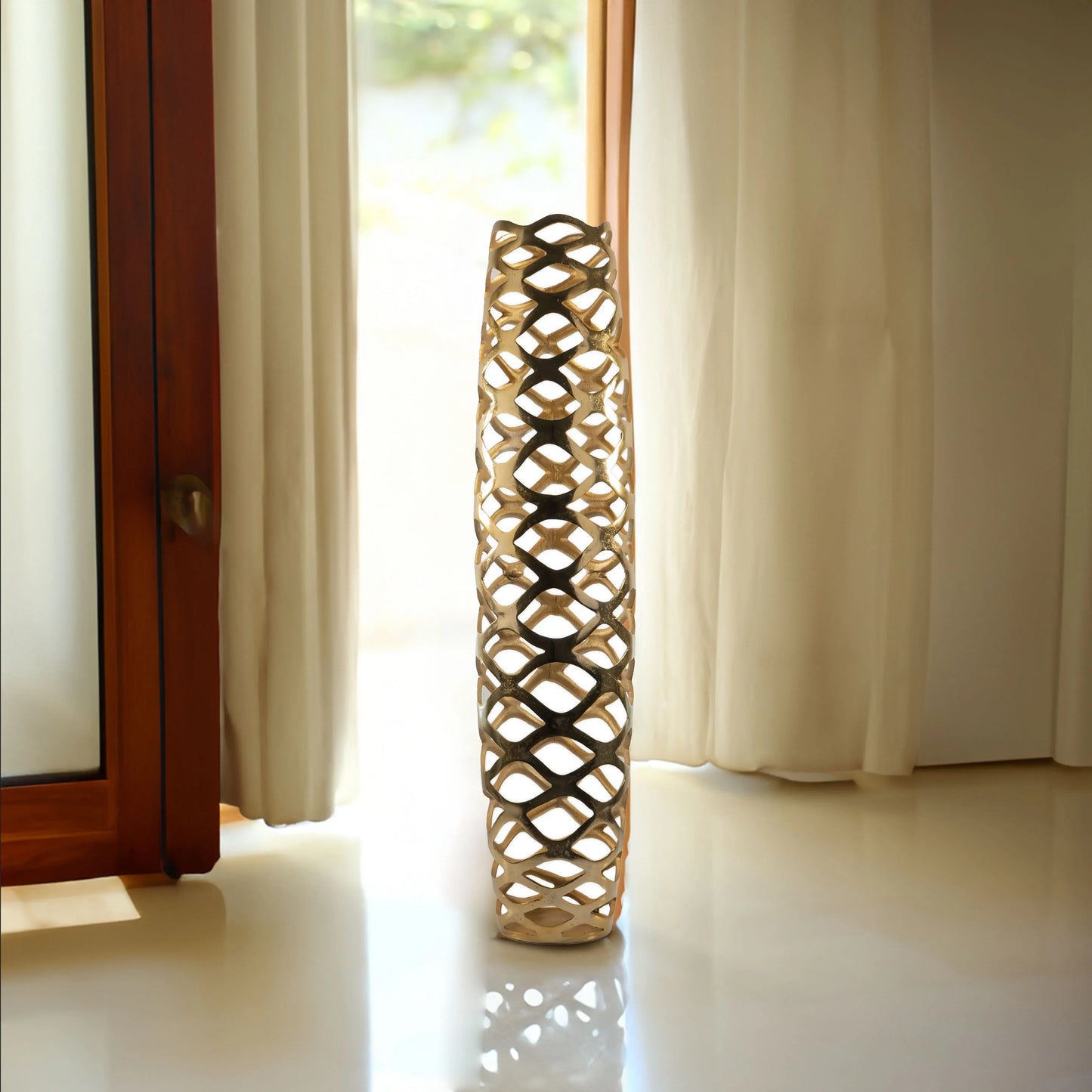 39" Gold Aluminum Pierced Geometric Cylinder Floor Vase - Homeroots - Flyclothing LLC