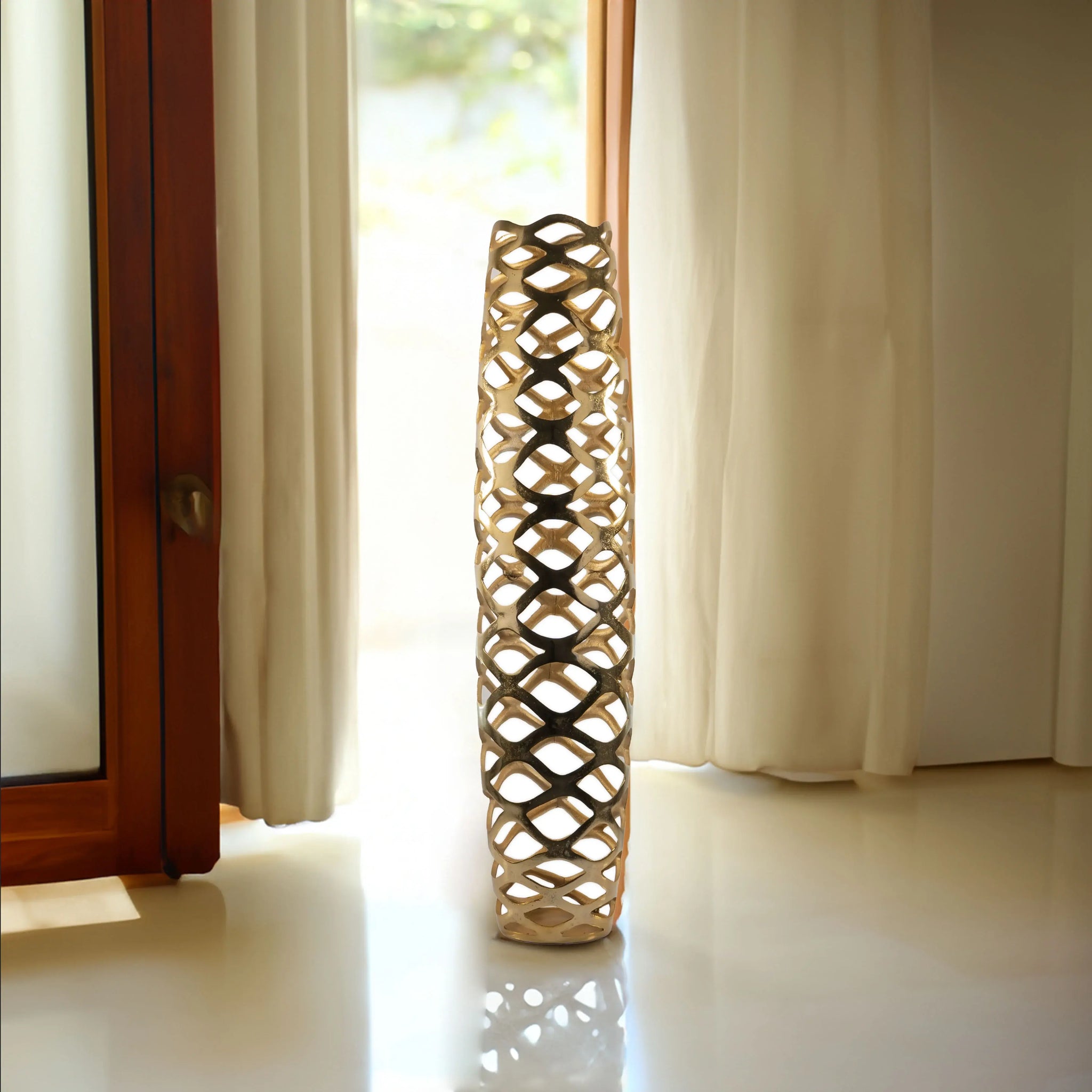 39" Gold Aluminum Pierced Geometric Cylinder Floor Vase - Homeroots - Flyclothing LLC