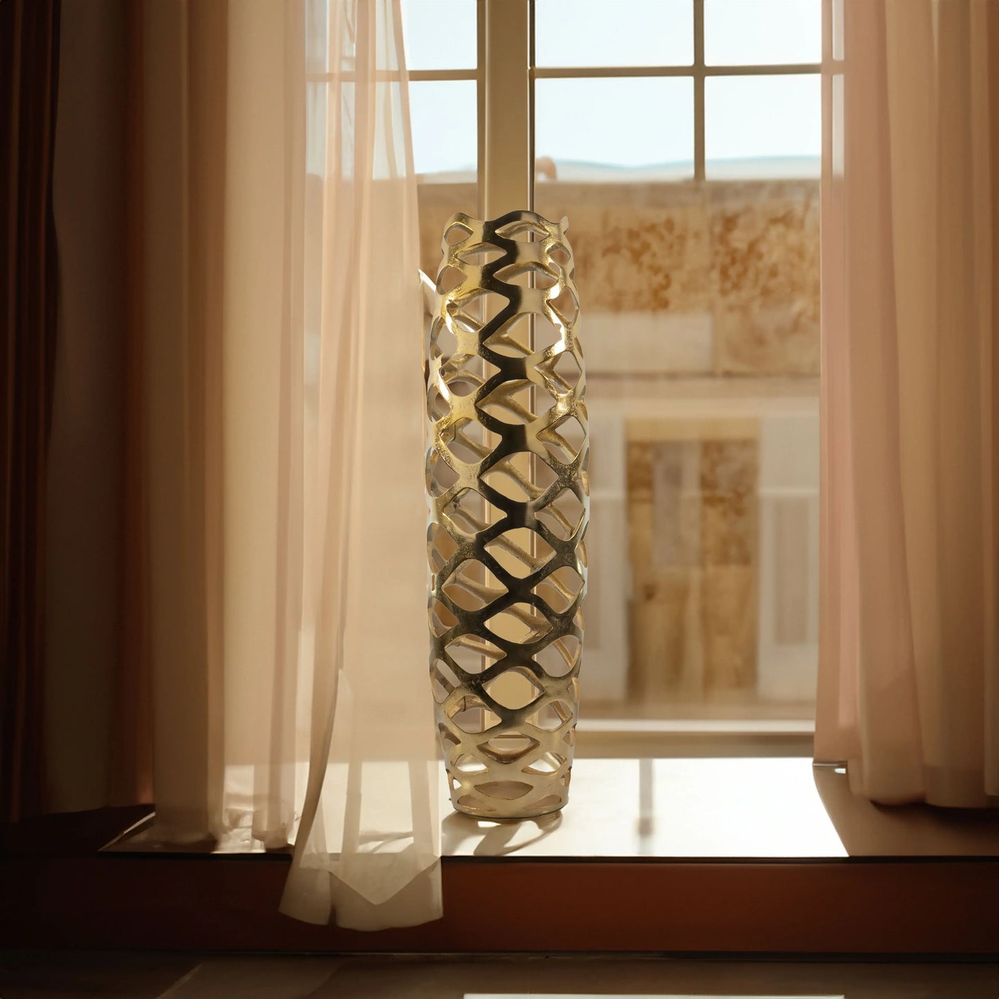 31" Gold Aluminum Pierced Geometric Cylinder Floor Vase - Homeroots - Flyclothing LLC