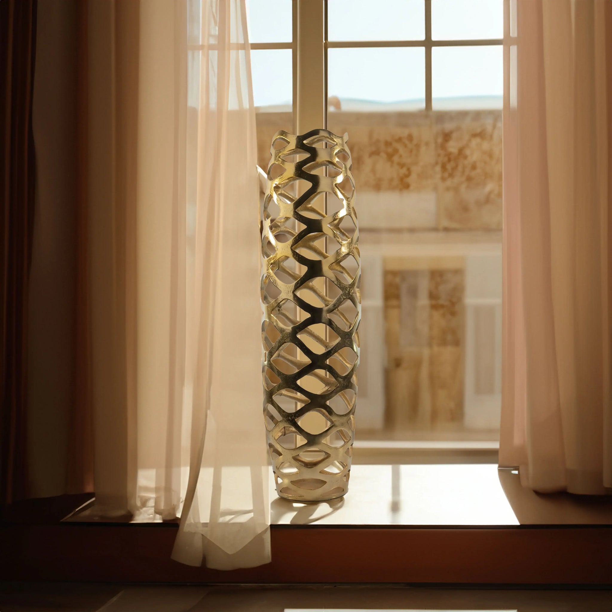 31" Gold Aluminum Pierced Geometric Cylinder Floor Vase - Homeroots - Flyclothing LLC