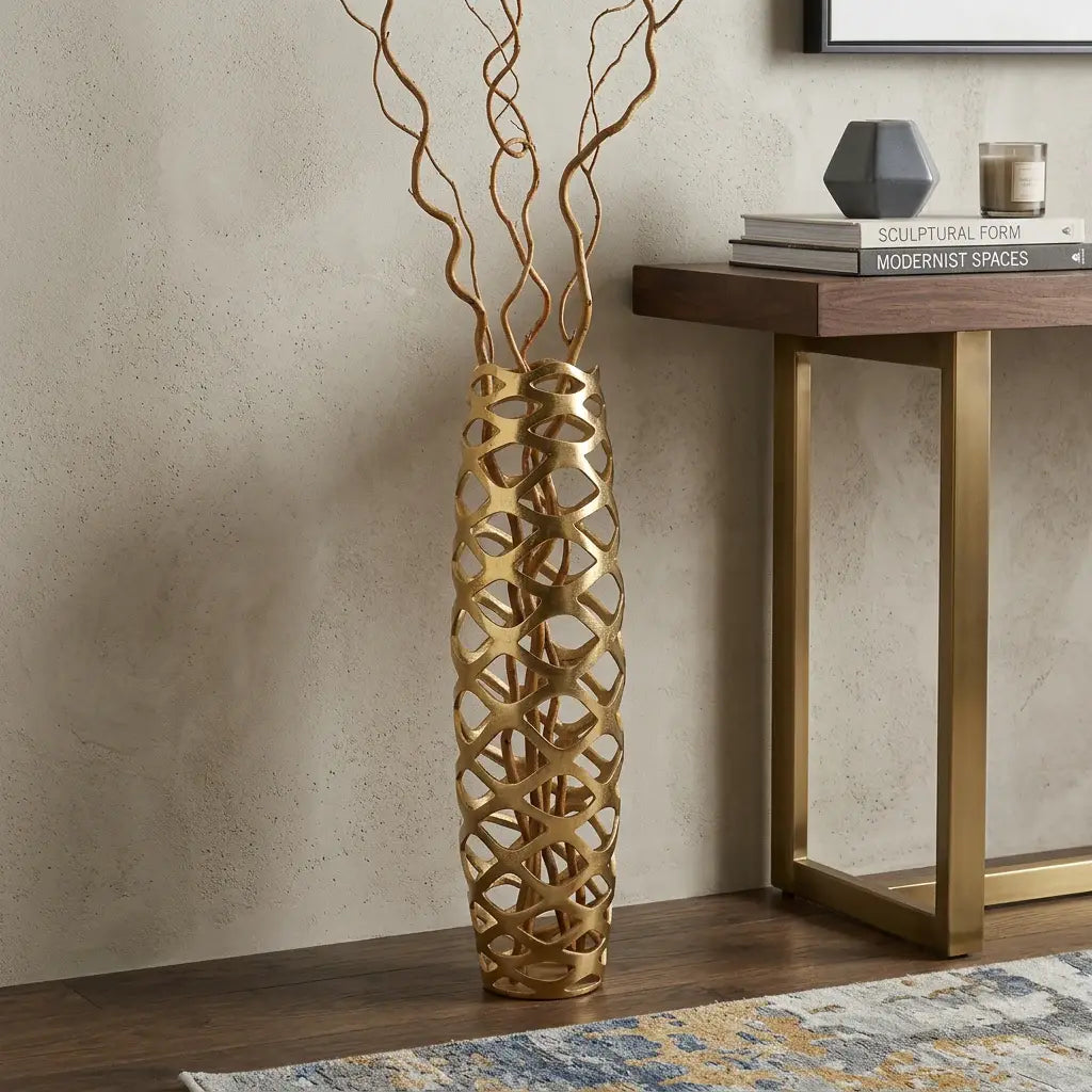 31" Gold Aluminum Pierced Geometric Cylinder Floor Vase - Homeroots - Flyclothing LLC