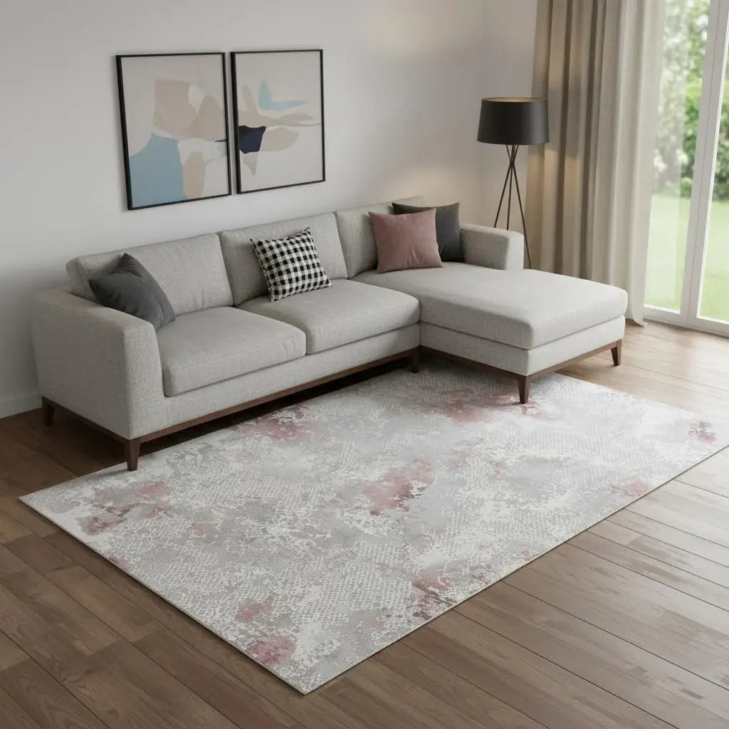 7' X 10' Gray Ivory And Pink Abstract Distressed Area Rug - Homeroots - Flyclothing LLC