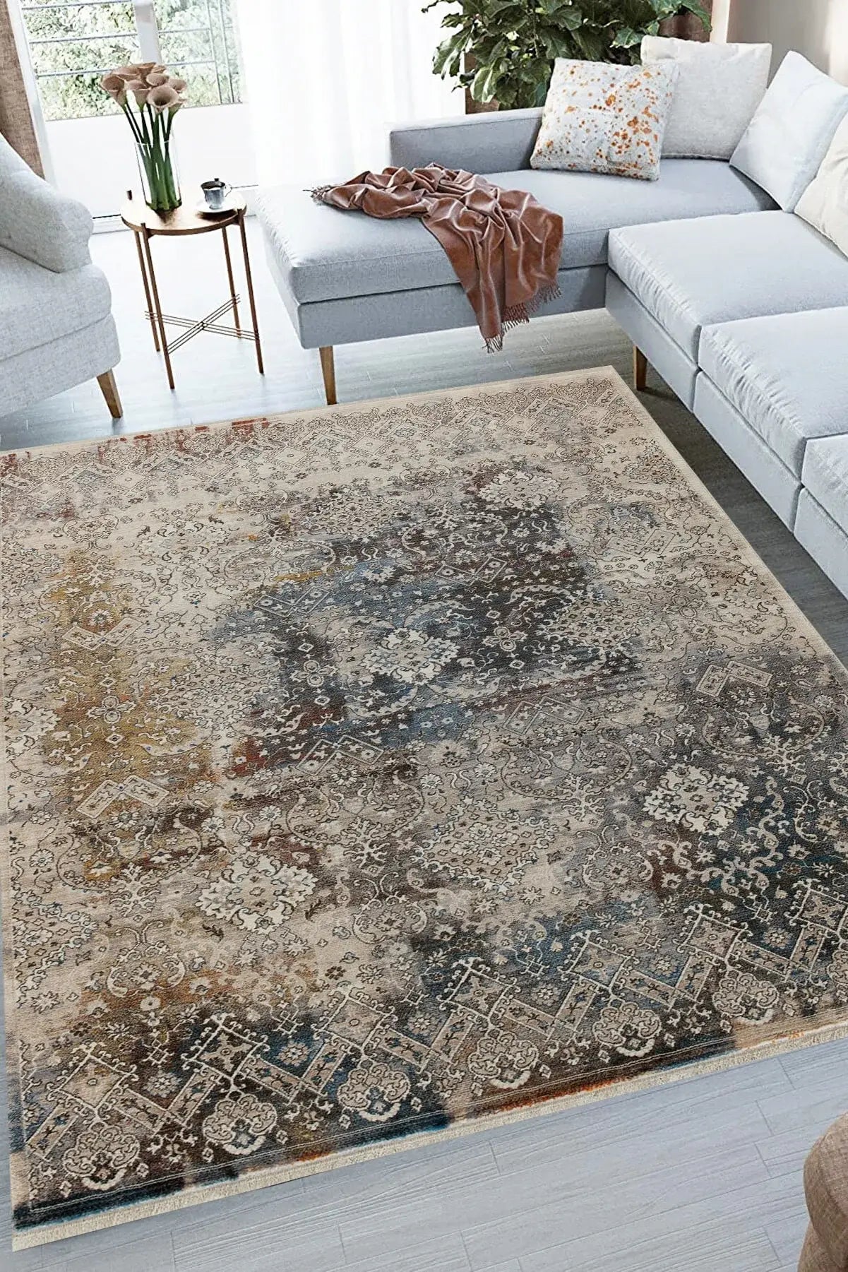 4' X 6' Blue And Orange Medallion Distressed Area Rug With Fringe - Homeroots - Flyclothing LLC