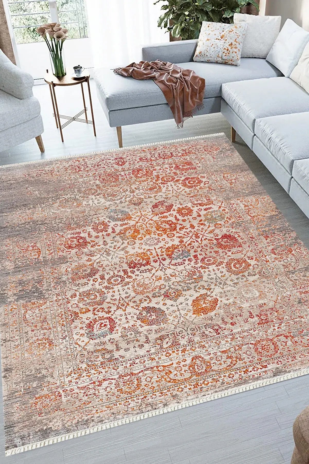 5' X 8' Orange And Red Floral Distressed Area Rug With Fringe - Homeroots - Flyclothing LLC