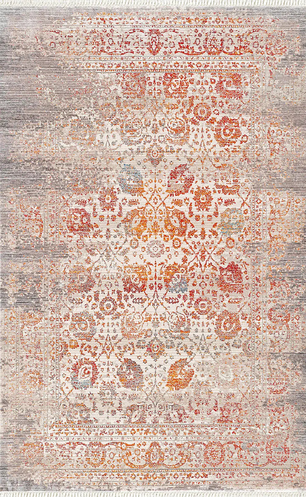 5' X 8' Orange And Red Floral Distressed Area Rug With Fringe - Homeroots - Flyclothing LLC
