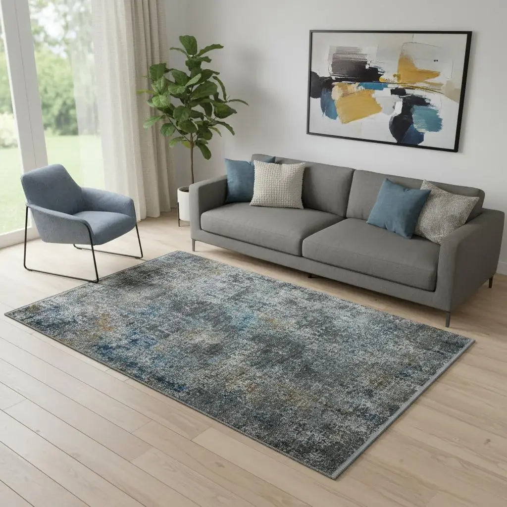 5' X 8' Blue And Gray Abstract Distressed Area Rug With Fringe - Homeroots - Flyclothing LLC
