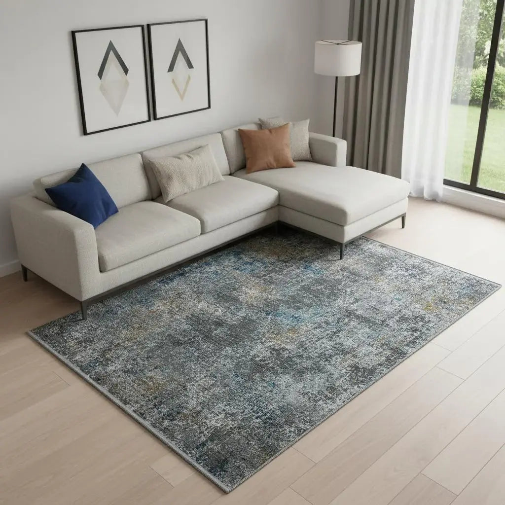 7' X 10' Blue And Gray Abstract Distressed Area Rug With Fringe - Homeroots - Flyclothing LLC