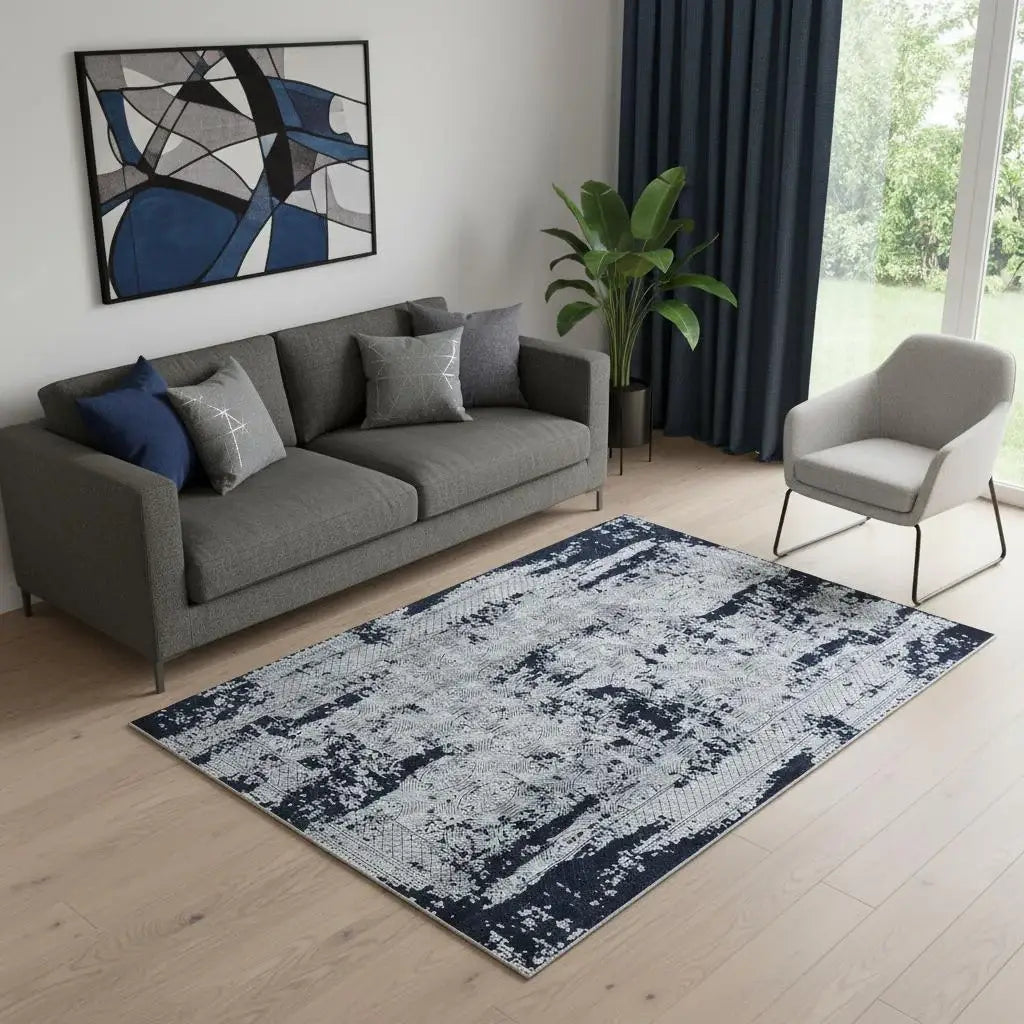 5' X 8' Gray And Navy Blue Abstract Distressed Area Rug With Fringe - Homeroots - Flyclothing LLC