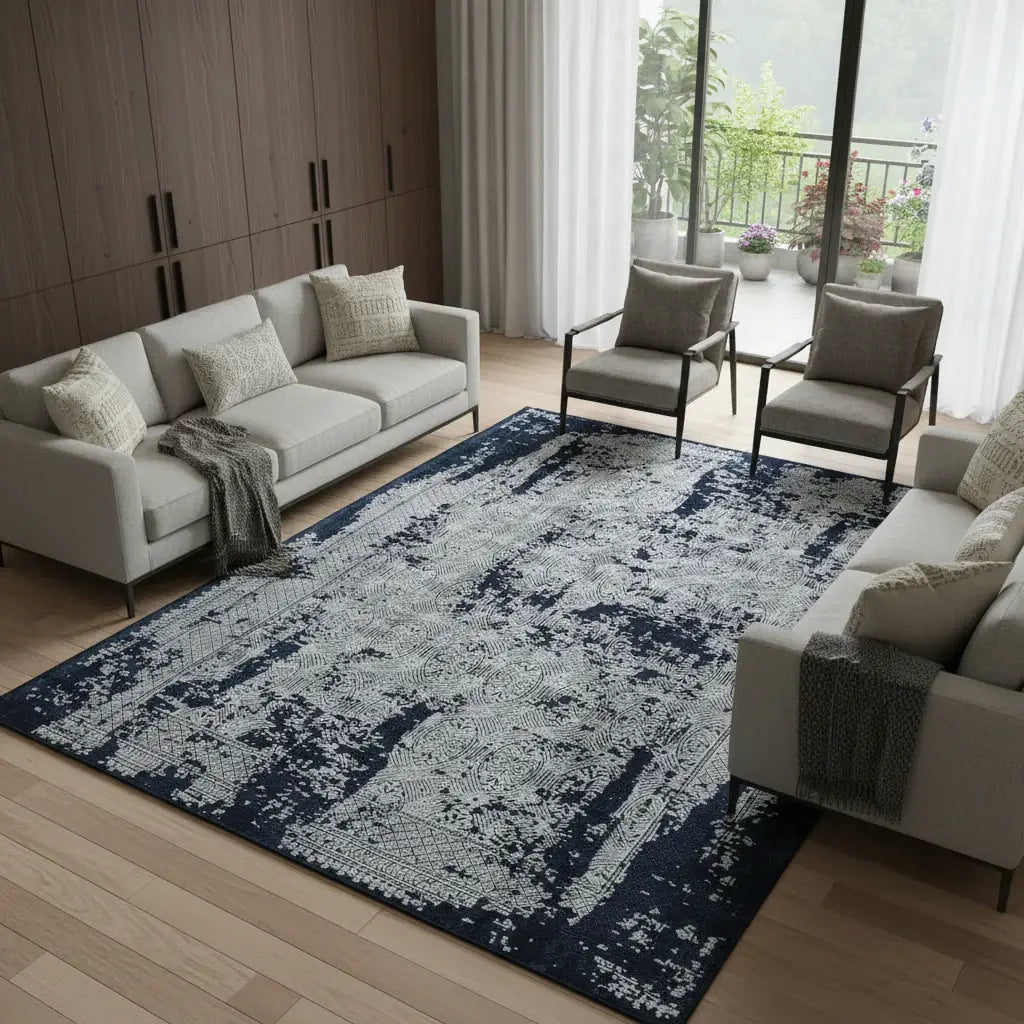 7' X 10' Gray And Navy Blue Abstract Distressed Area Rug With Fringe - Homeroots - Flyclothing LLC