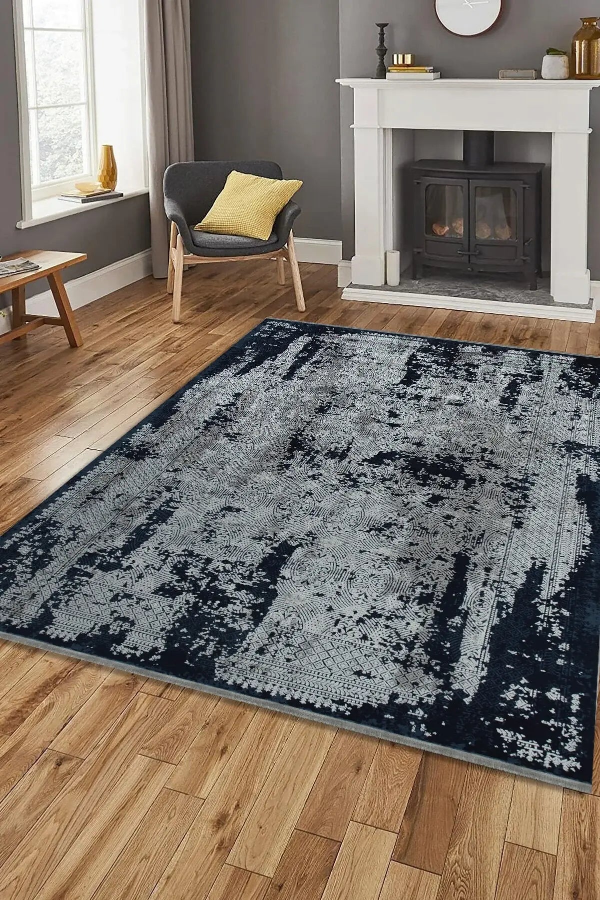 7' X 10' Gray And Navy Blue Abstract Distressed Area Rug With Fringe - Homeroots - Flyclothing LLC
