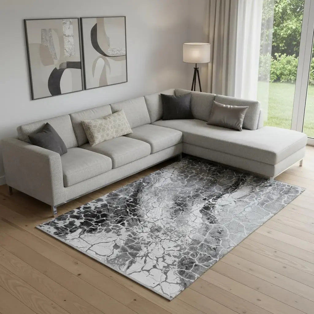 7' X 10' Black And Gray Abstract Area Rug With Fringe - Homeroots - Flyclothing LLC